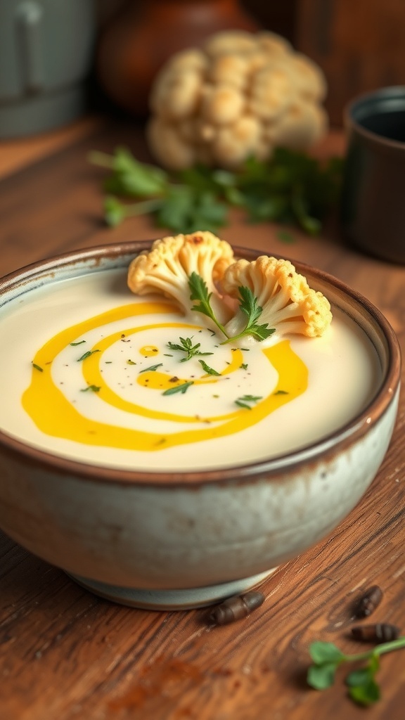 Whole30 Cauliflower Soup Recipe A bowl of creamy cauliflower soup garnished with herbs, served on a wooden table.